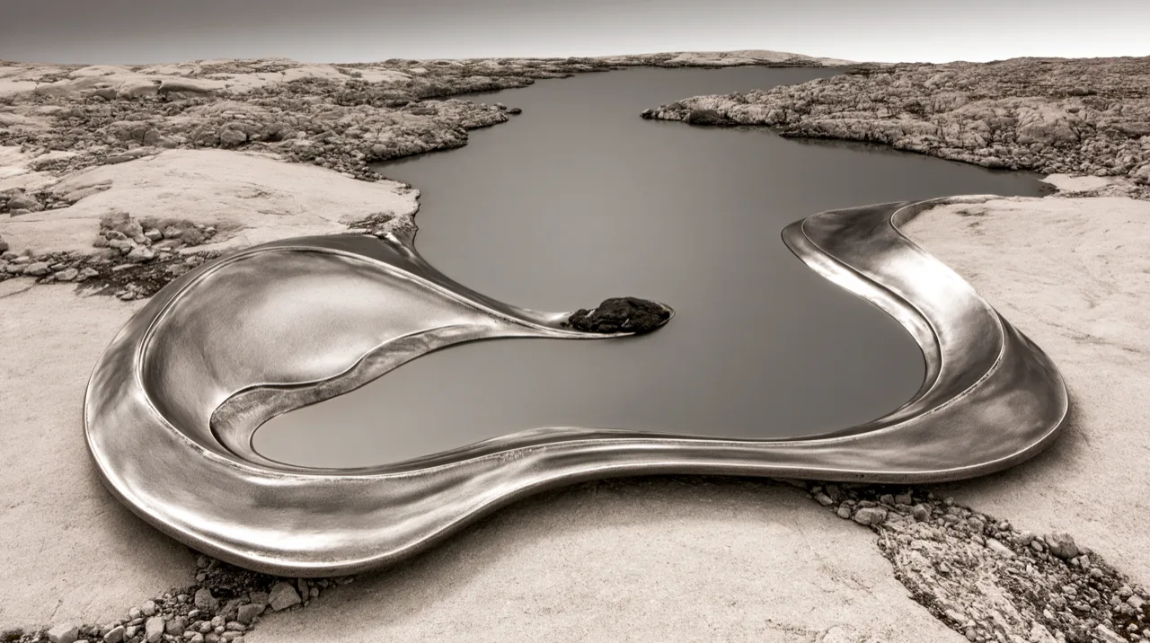 Creative product photography: a sculptural silver jewellery form set into a pale rock landscape, an OSSA concept frame